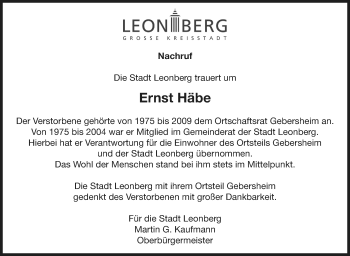Traueranzeige von Ernst Häbe von Leonberger Kreiszeitung / Strohgäu Extra