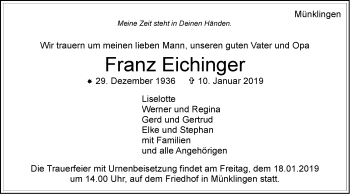 Traueranzeige von Franz Eichinger von Leonberger Kreiszeitung / Strohgäu Extra