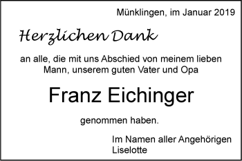 Traueranzeige von Franz Eichinger von Leonberger Kreiszeitung / Strohgäu Extra