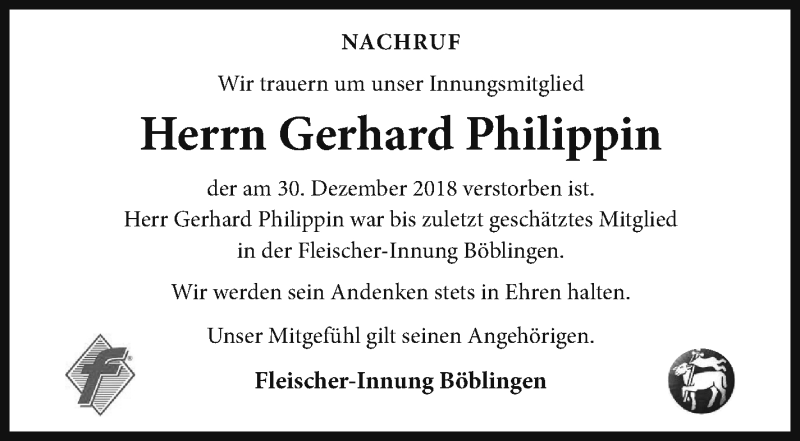  Traueranzeige für Gerhard Philippin vom 05.01.2019 aus Leonberger Kreiszeitung / Strohgäu Extra
