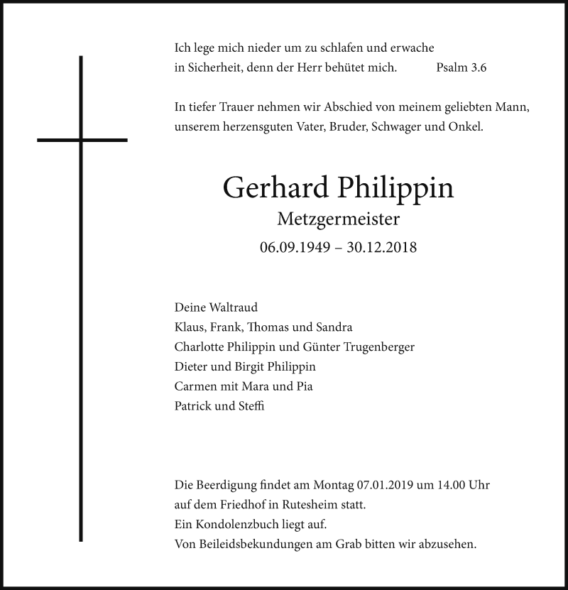  Traueranzeige für Gerhard Philippin vom 03.01.2019 aus Leonberger Kreiszeitung / Strohgäu Extra
