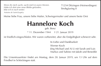 Traueranzeige von Hannelore Koch von Leonberger Kreiszeitung / Strohgäu Extra