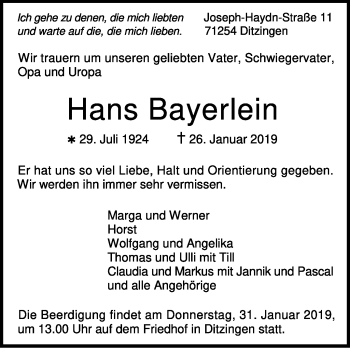 Traueranzeige von Hans Bayerlein von Leonberger Kreiszeitung / Strohgäu Extra