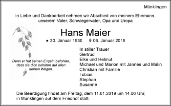 Traueranzeige von Hans Maier von Leonberger Kreiszeitung / Strohgäu Extra