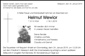 Traueranzeige von Helmut Wewior von Leonberger Kreiszeitung / Strohgäu Extra