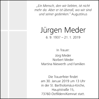 Traueranzeige von Jürgen Meder von Leonberger Kreiszeitung / Strohgäu Extra