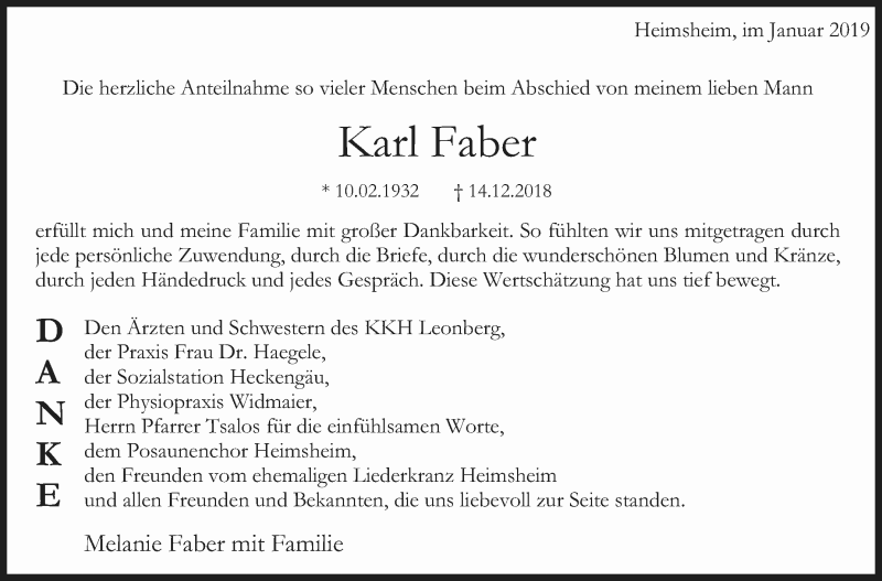  Traueranzeige für Karl Faber vom 08.01.2019 aus Leonberger Kreiszeitung / Strohgäu Extra