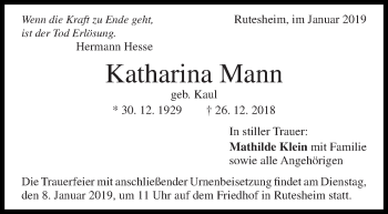 Traueranzeige von Katharina Mann von Leonberger Kreiszeitung / Strohgäu Extra