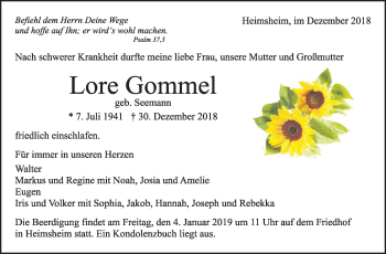 Traueranzeige von Lore Gommel von Leonberger Kreiszeitung / Strohgäu Extra