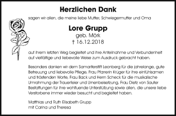 Traueranzeige von Lore Grupp von Leonberger Kreiszeitung / Strohgäu Extra