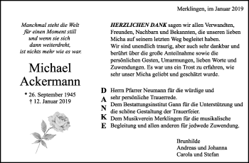 Traueranzeige von Michael Ackermann von Leonberger Kreiszeitung / Strohgäu Extra