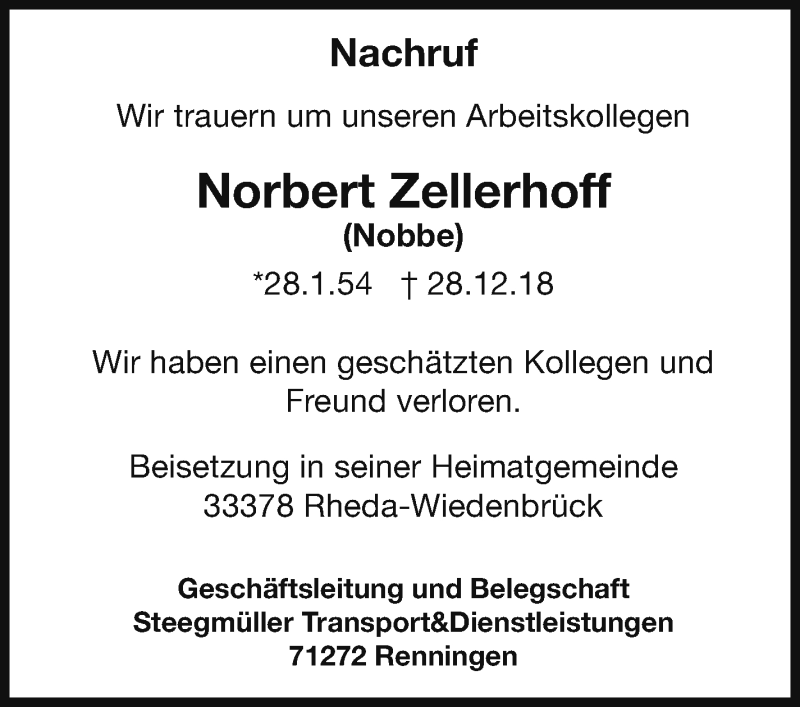  Traueranzeige für Norbert Zellerhoff vom 11.01.2019 aus Leonberger Kreiszeitung / Strohgäu Extra