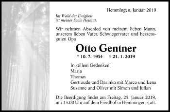 Traueranzeige von Otto Gentner von Leonberger Kreiszeitung / Strohgäu Extra