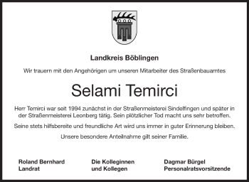 Traueranzeige von Selami Temirci von Leonberger Kreiszeitung / Strohgäu Extra
