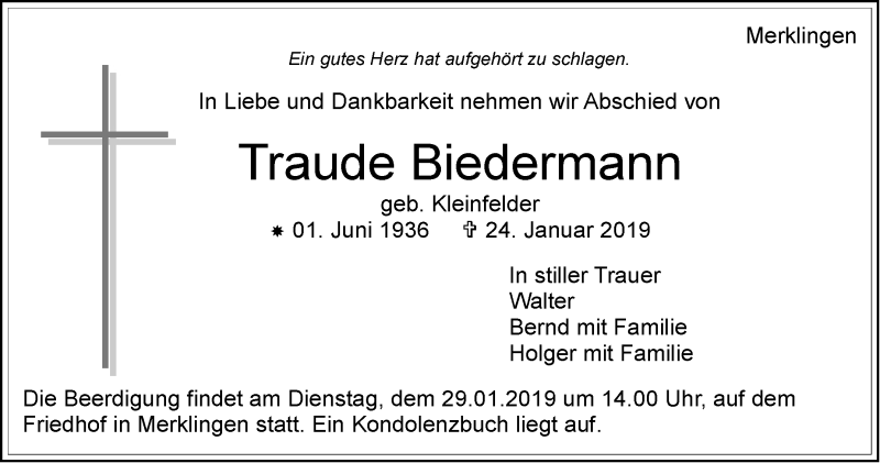  Traueranzeige für Traude Biedermann vom 26.01.2019 aus Leonberger Kreiszeitung / Strohgäu Extra