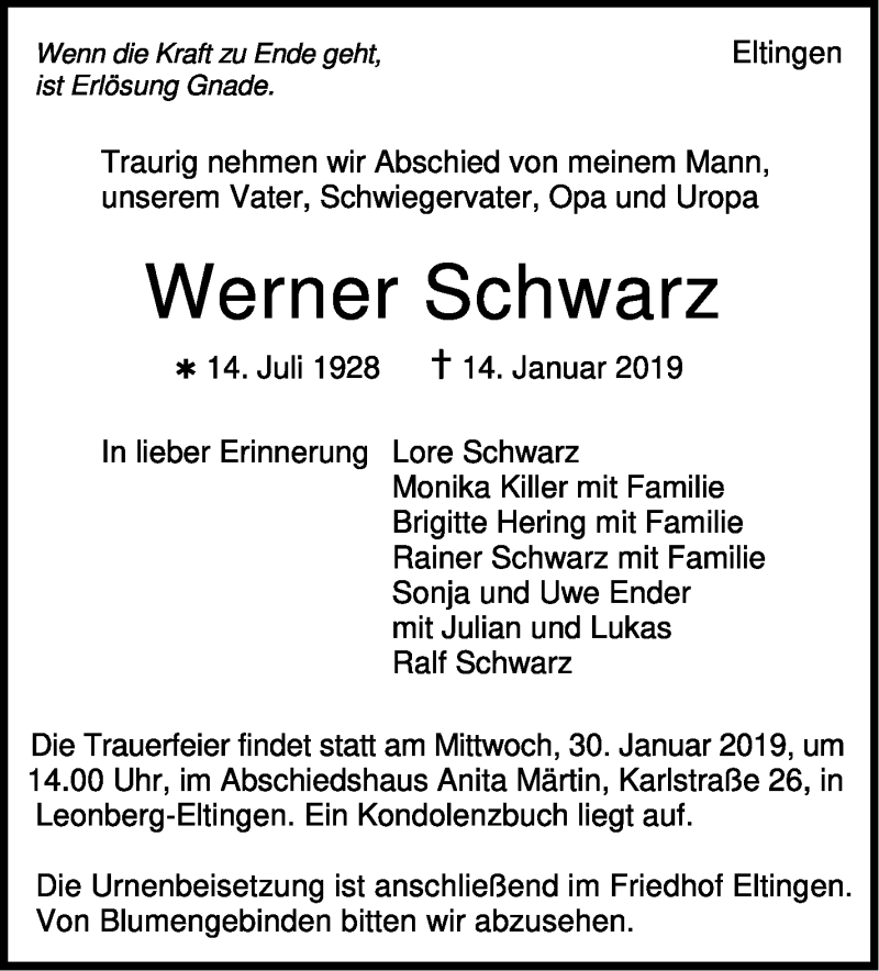  Traueranzeige für Werner Schwarz vom 26.01.2019 aus Leonberger Kreiszeitung / Strohgäu Extra