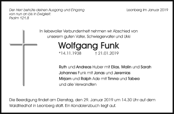 Traueranzeige von Wolfgang Funk von Leonberger Kreiszeitung / Strohgäu Extra