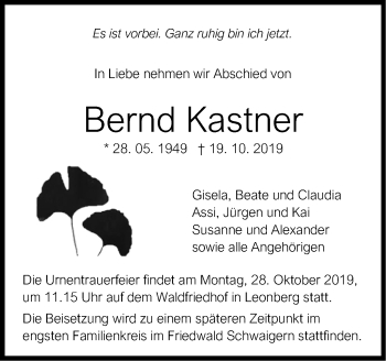 Traueranzeige von Bernd Kastner von Leonberger Kreiszeitung / Strohgäu Extra