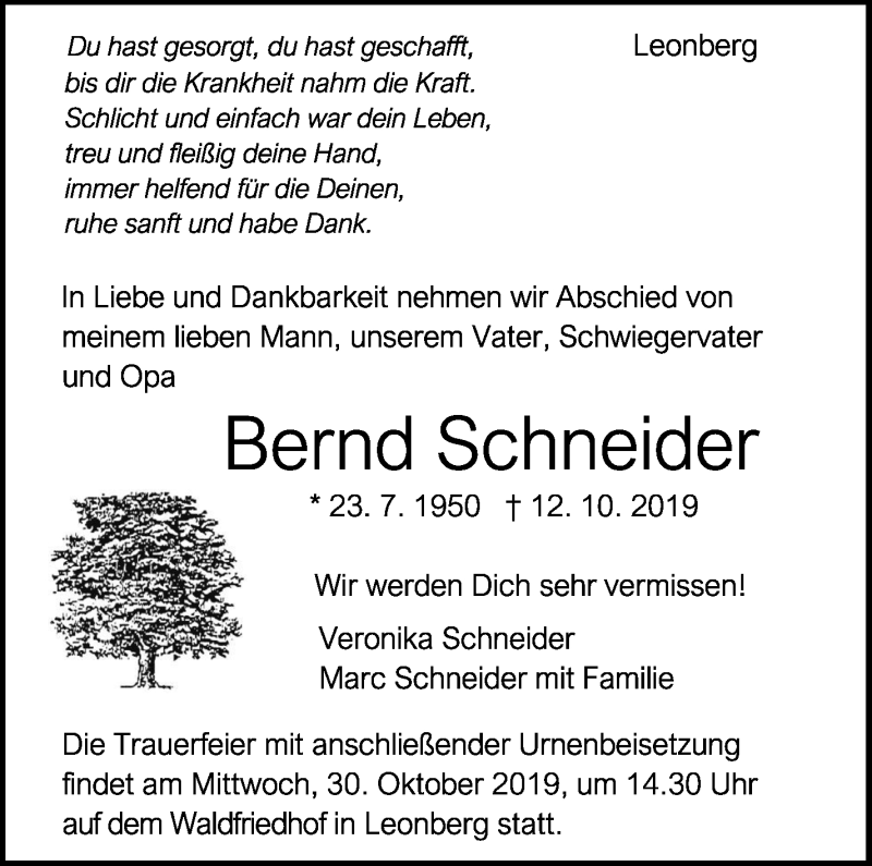  Traueranzeige für Bernd Schneider vom 25.10.2019 aus Leonberger Kreiszeitung / Strohgäu Extra
