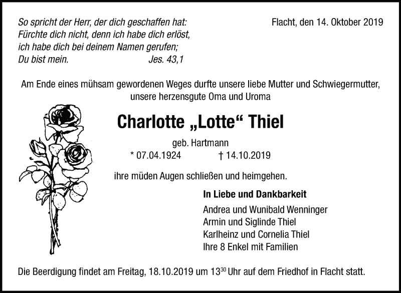  Traueranzeige für Charlotte Thiel vom 16.10.2019 aus Leonberger Kreiszeitung / Strohgäu Extra