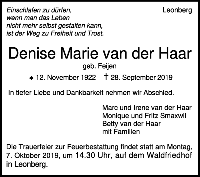  Traueranzeige für Denise Marie van der Haar vom 02.10.2019 aus Leonberger Kreiszeitung / Strohgäu Extra