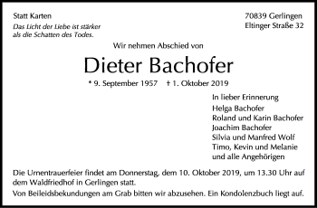 Traueranzeige von Dieter Bachofer von Leonberger Kreiszeitung / Strohgäu Extra