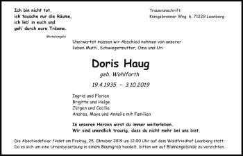 Traueranzeige von Doris Haug von Leonberger Kreiszeitung / Strohgäu Extra