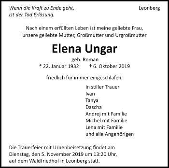 Traueranzeige von Elena Ungar von Leonberger Kreiszeitung / Strohgäu Extra