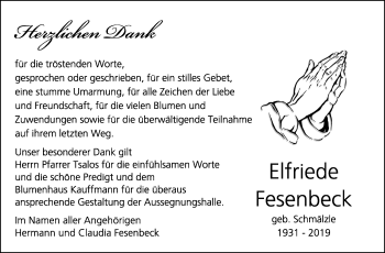 Traueranzeige von Elfriede Fesenbeck von Leonberger Kreiszeitung / Strohgäu Extra