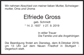 Traueranzeige von Elfriede Gross von Leonberger Kreiszeitung / Strohgäu Extra