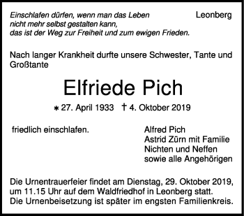 Traueranzeige von Elfriede Pich von Leonberger Kreiszeitung / Strohgäu Extra