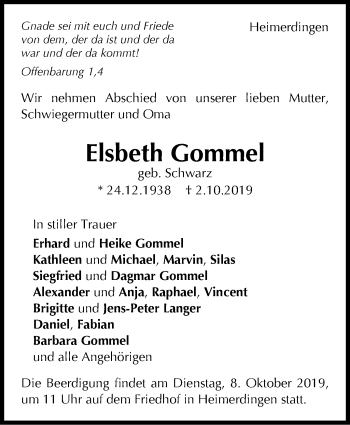Traueranzeige von Elsbeth Gommel von Leonberger Kreiszeitung / Strohgäu Extra