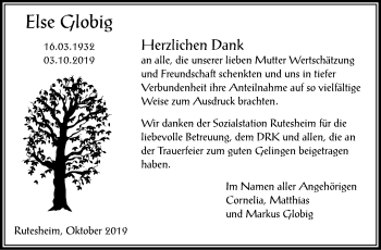 Traueranzeige von Else Globig von Leonberger Kreiszeitung / Strohgäu Extra
