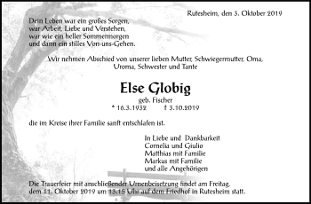 Traueranzeige von Else Globig von Leonberger Kreiszeitung / Strohgäu Extra