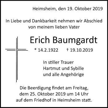 Traueranzeige von Erich Baumgardt von Leonberger Kreiszeitung / Strohgäu Extra