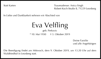 Traueranzeige von Eva Velfling von Leonberger Kreiszeitung / Strohgäu Extra