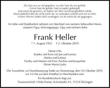 Traueranzeige von Frank Heller von Leonberger Kreiszeitung / Strohgäu Extra