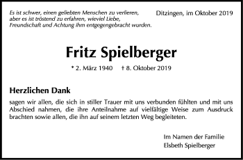 Traueranzeige von Fritz Spielberger von Leonberger Kreiszeitung / Strohgäu Extra