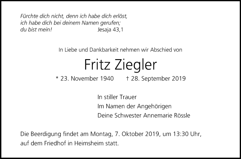  Traueranzeige für Fritz Ziegler vom 02.10.2019 aus Leonberger Kreiszeitung / Strohgäu Extra