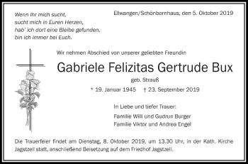 Traueranzeige von Gabriele Felizitas Gertrude Bux von Leonberger Kreiszeitung / Strohgäu Extra