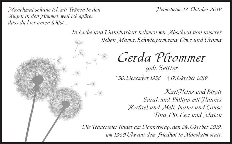  Traueranzeige für Gerda Pfrommer vom 21.10.2019 aus Leonberger Kreiszeitung / Strohgäu Extra