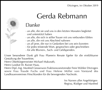 Traueranzeige von Gerda Rebmann von Leonberger Kreiszeitung / Strohgäu Extra