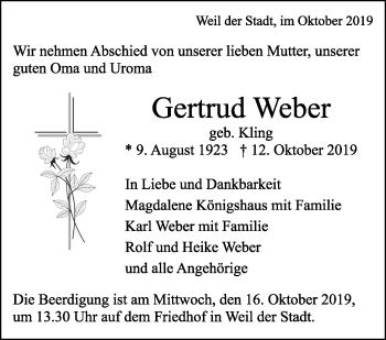 Traueranzeige von Gertrud Weber von Leonberger Kreiszeitung / Strohgäu Extra