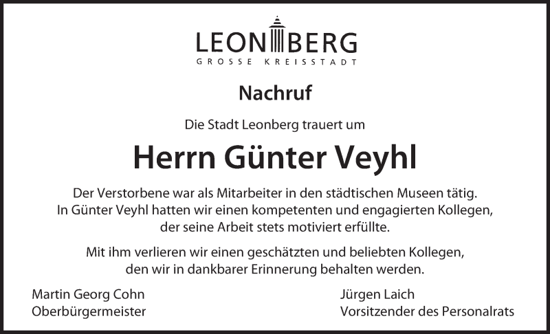  Traueranzeige für Günter Veyhl vom 18.10.2019 aus Leonberger Kreiszeitung / Strohgäu Extra