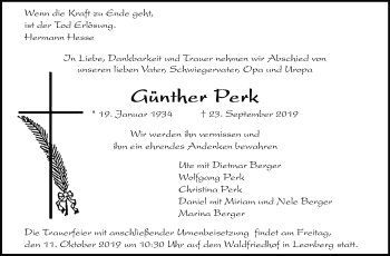 Traueranzeige von Günther Perk von Leonberger Kreiszeitung / Strohgäu Extra