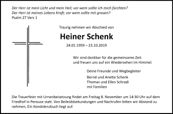 Traueranzeige von Heiner Schenk von Leonberger Kreiszeitung / Strohgäu Extra
