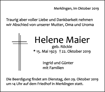 Traueranzeige von Helene Maier von Leonberger Kreiszeitung / Strohgäu Extra