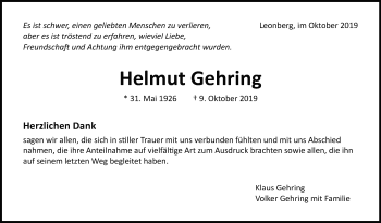 Traueranzeige von Helmut Gehring von Leonberger Kreiszeitung / Strohgäu Extra