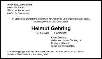 Traueranzeige von Helmut Gehring von Leonberger Kreiszeitung / Strohgäu Extra