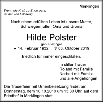 Traueranzeige von Hilde Polster von Leonberger Kreiszeitung / Strohgäu Extra